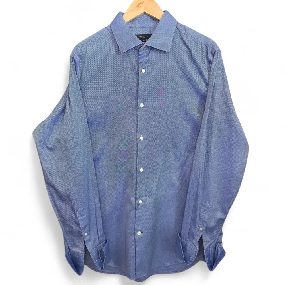 Banana Republic Dress‎ Shirt Mens 16-16.5 Blue Button Fitted French Cuff Career